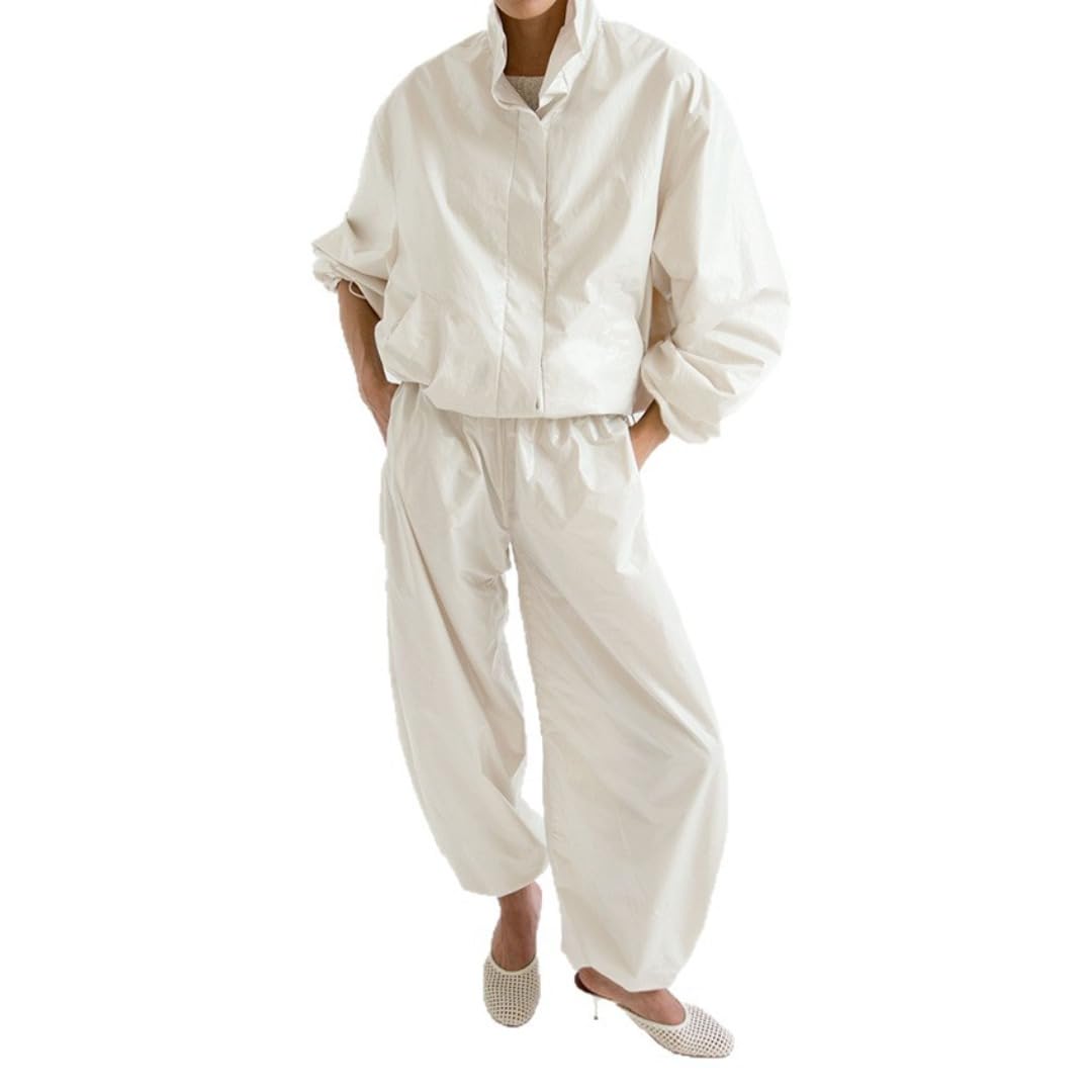 Women's Collared Zip-Up Top & Wide-Leg Pants Set