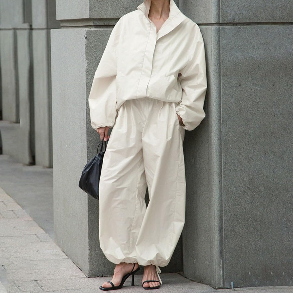 Women's Collared Zip-Up Top & Wide-Leg Pants Set
