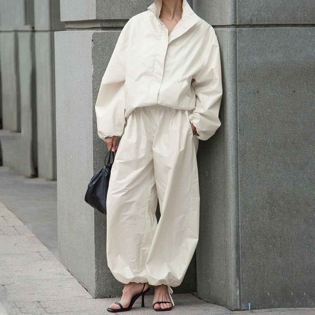 Women's Collared Zip-Up Top & Wide-Leg Pants Set
