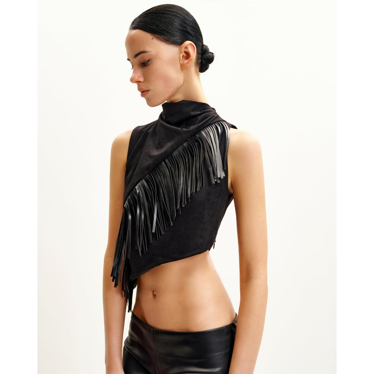 **Asymmetric Fringe Sueded Top**