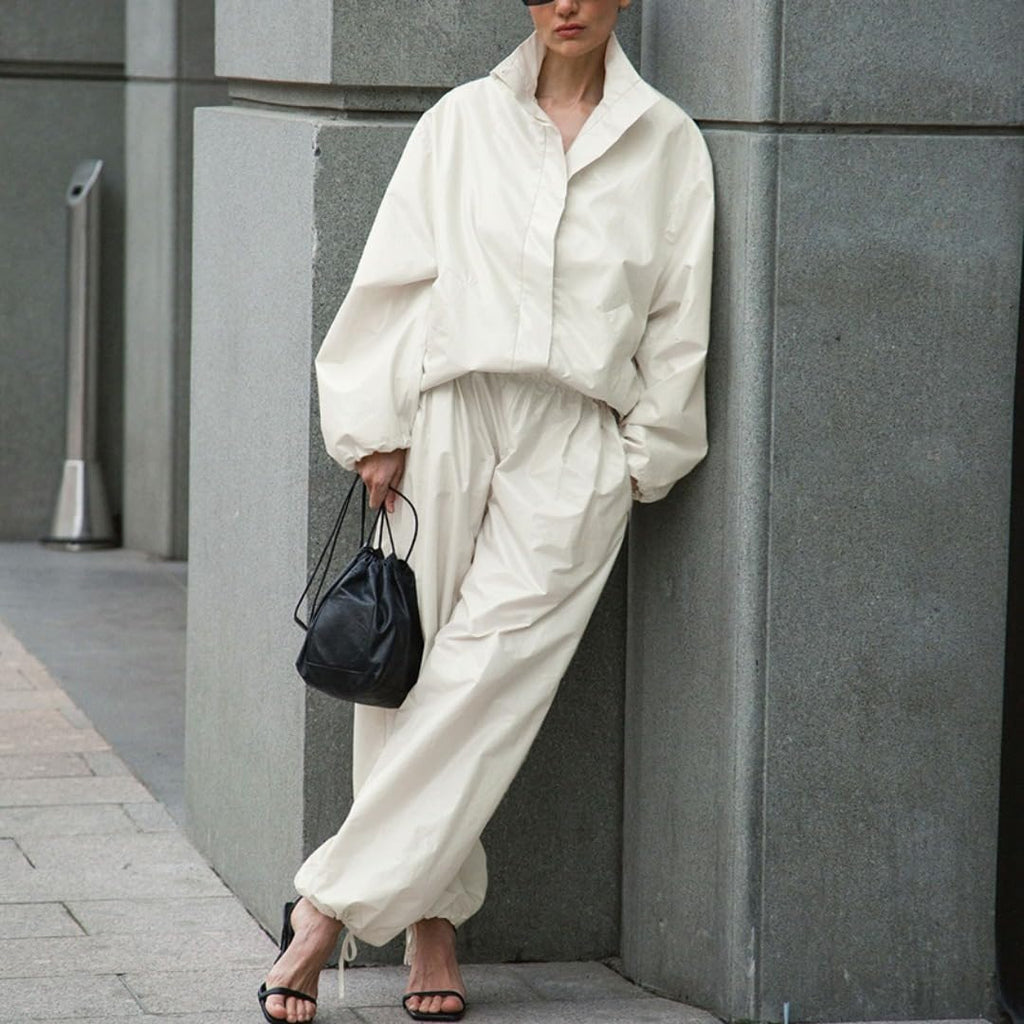 Women's Collared Zip-Up Top & Wide-Leg Pants Set