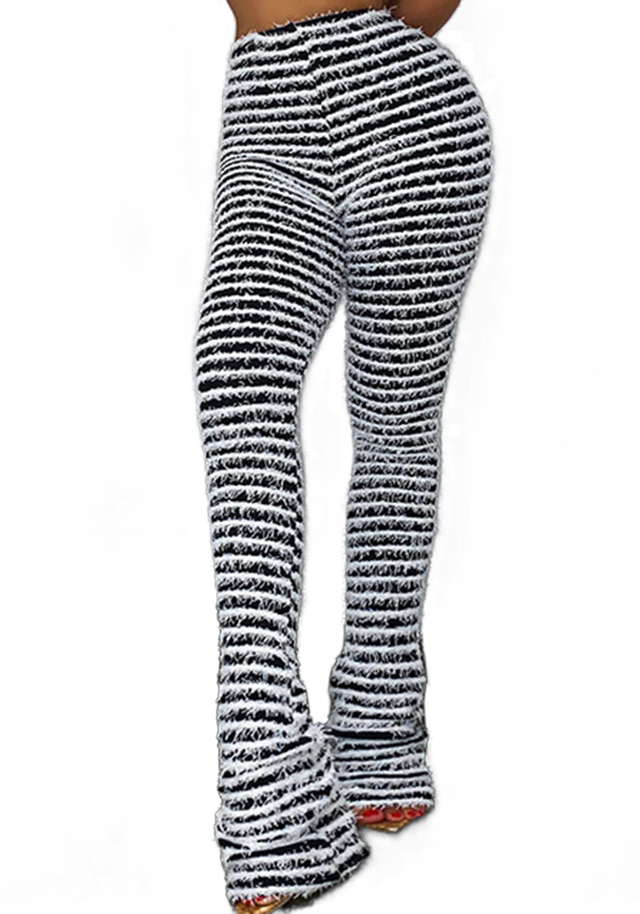 Women's Striped Fuzzy Knit Bell-Bottom Pants