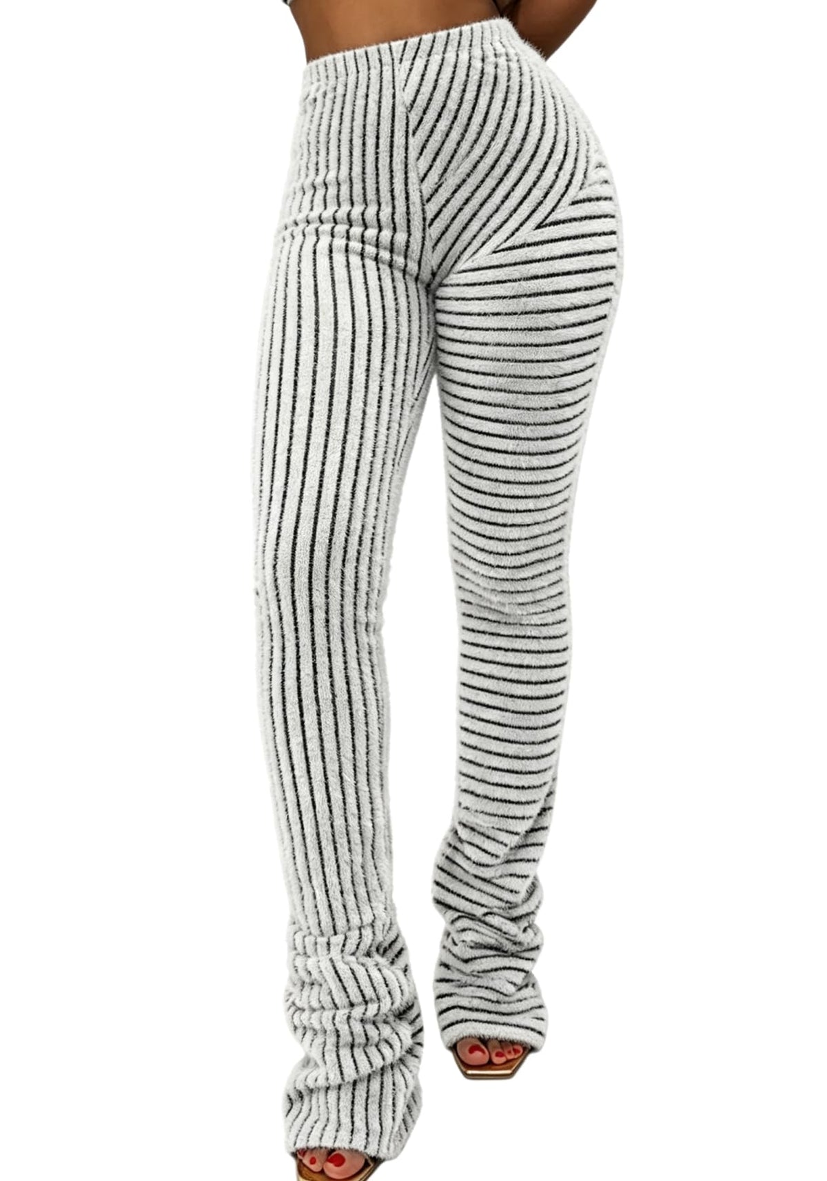 Women's Striped Fuzzy Knit Bell-Bottom Pants
