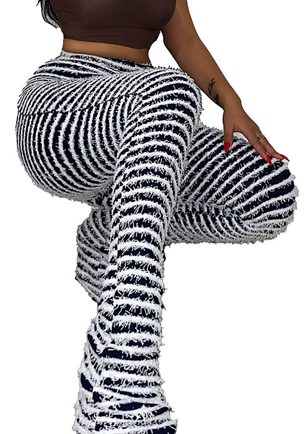 Women's Striped Fuzzy Knit Bell-Bottom Pants