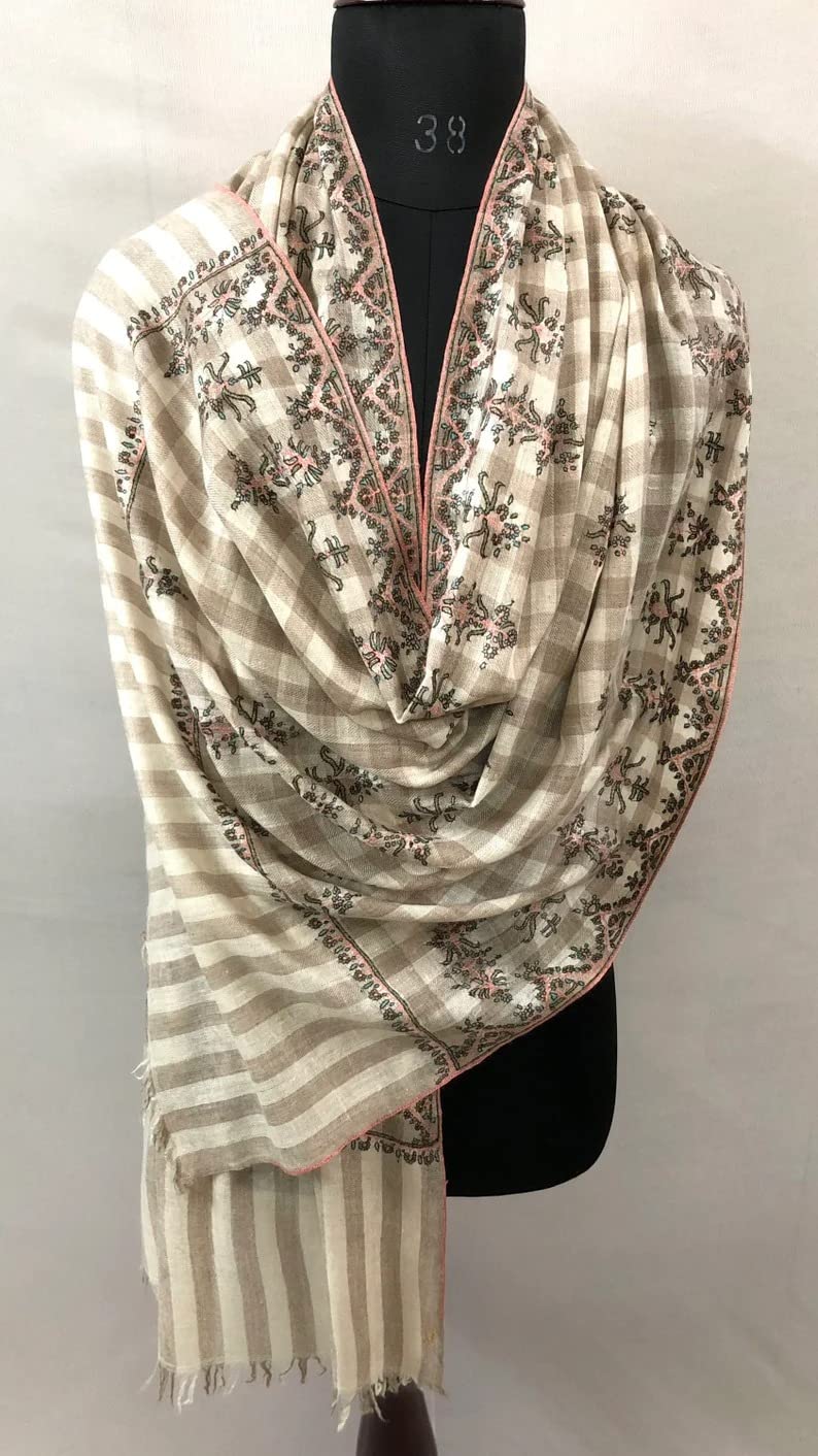 Handwoven Gingham Embroidered Cashmere Pashmina Shawl