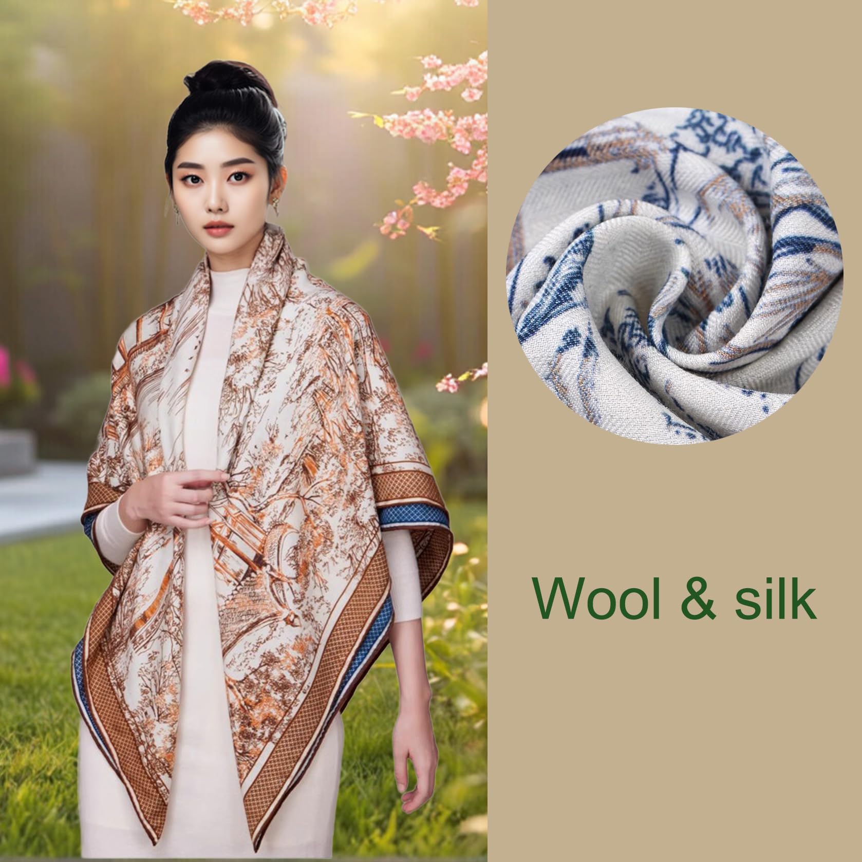 Women's Double-Sided Floral Wool Silk Scarf