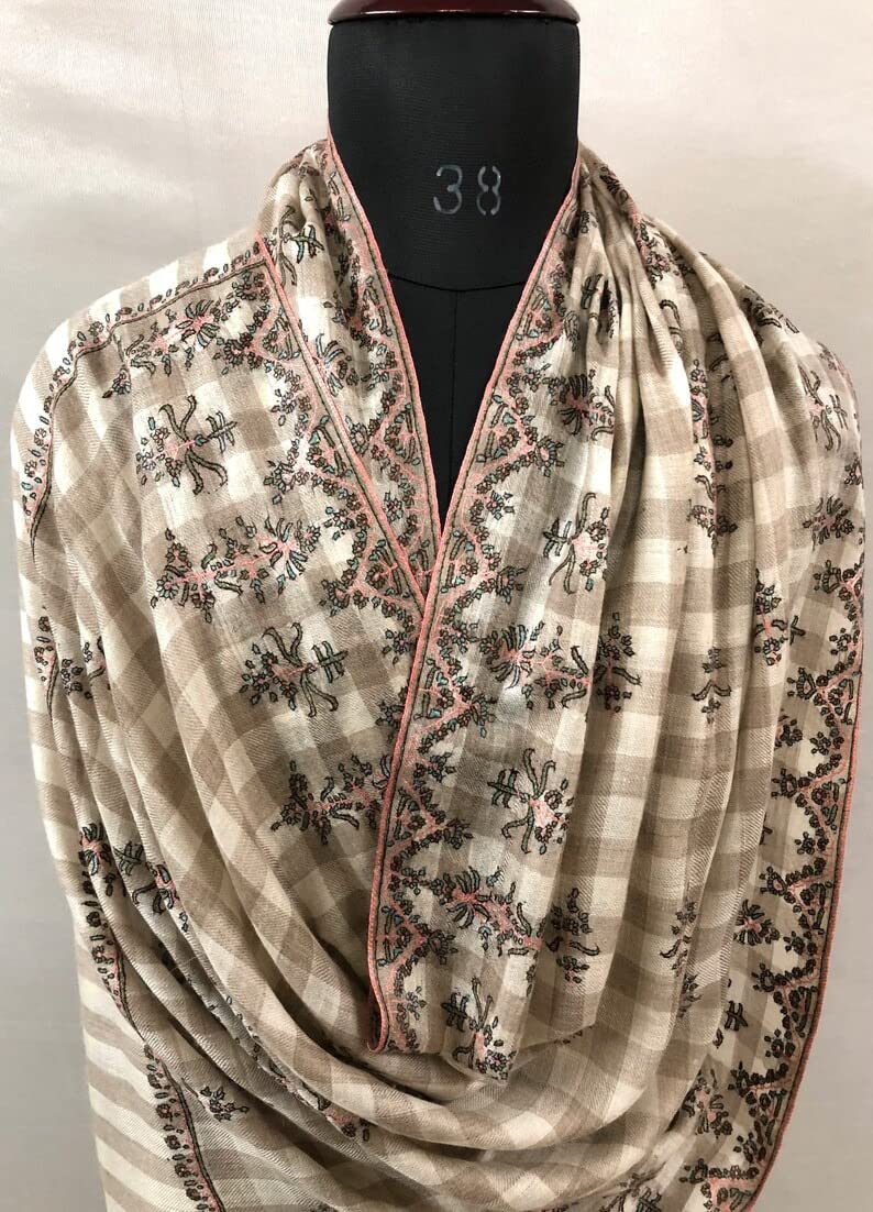 Handwoven Gingham Embroidered Cashmere Pashmina Shawl