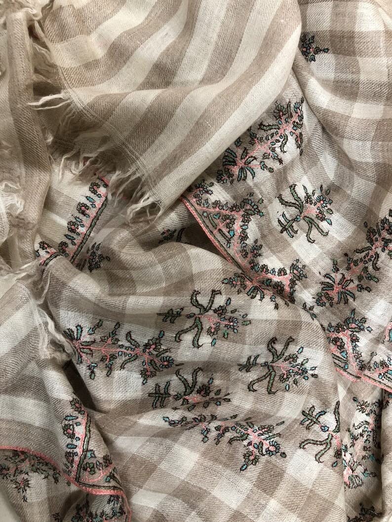 Handwoven Gingham Embroidered Cashmere Pashmina Shawl