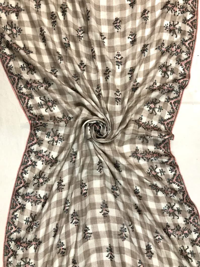 Handwoven Gingham Embroidered Cashmere Pashmina Shawl