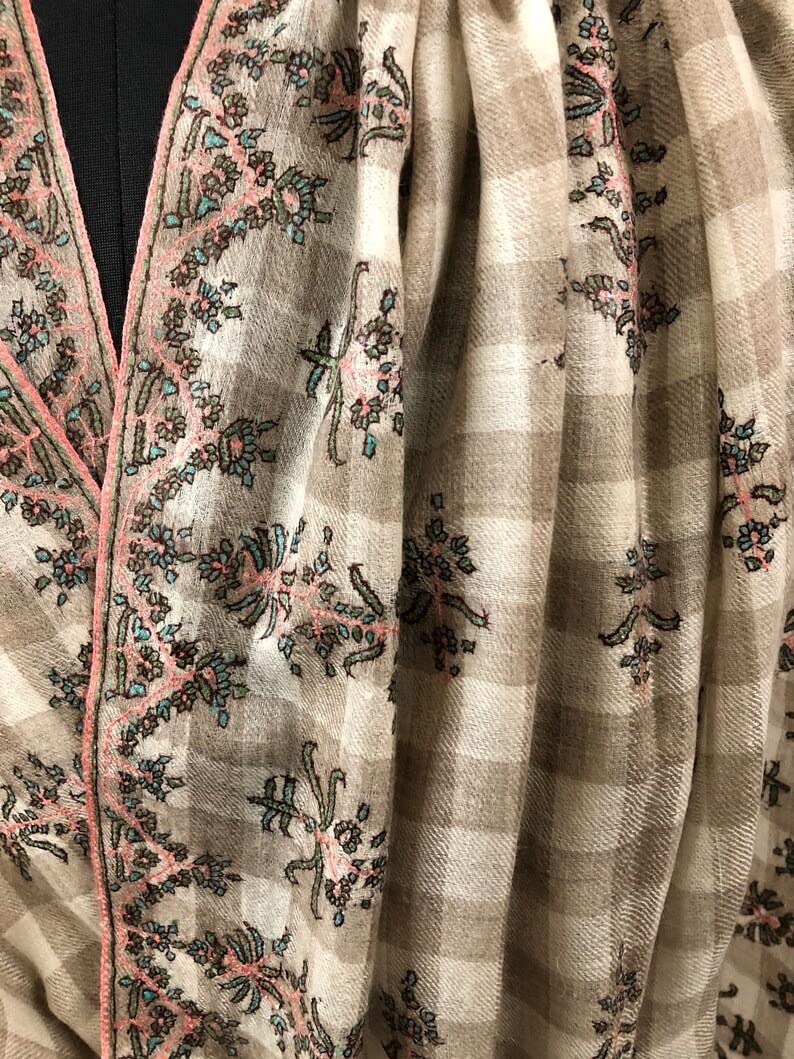 Handwoven Gingham Embroidered Cashmere Pashmina Shawl