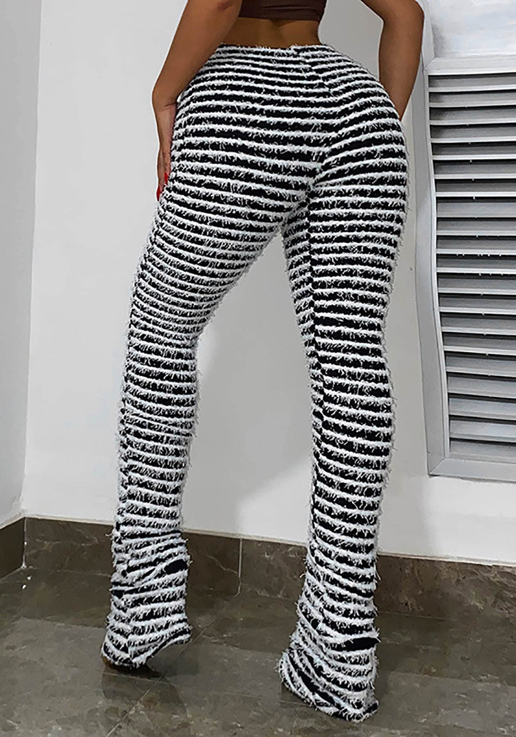 Women's Striped Fuzzy Knit Bell-Bottom Pants