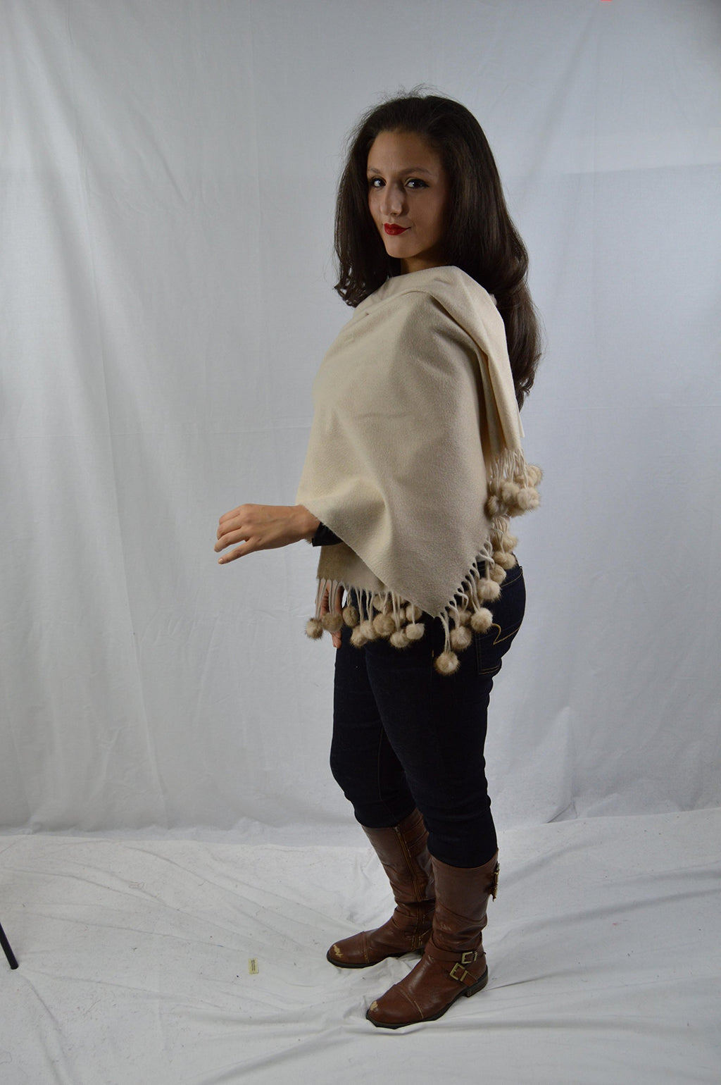 Ivory Cashmere Cape Shawl with Mink Trim