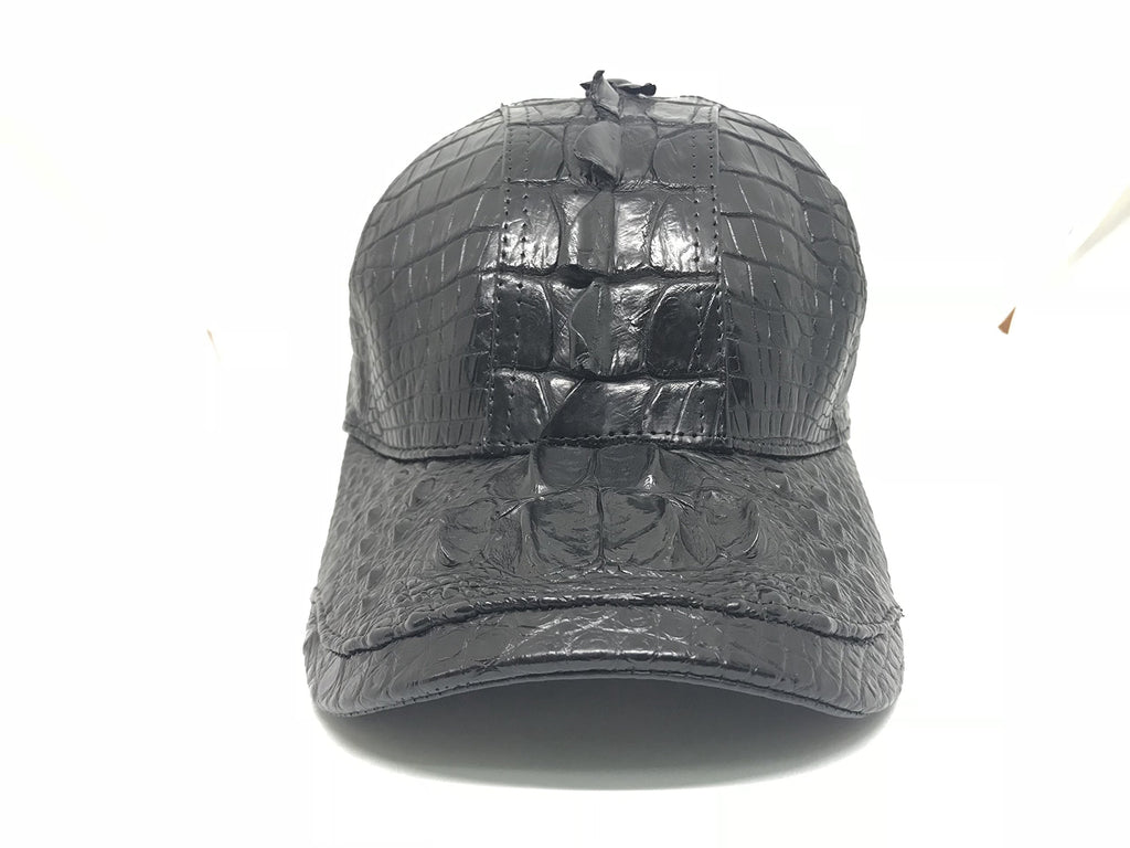 Handmade Genuine Croc Skin Leather Mens Cap Black