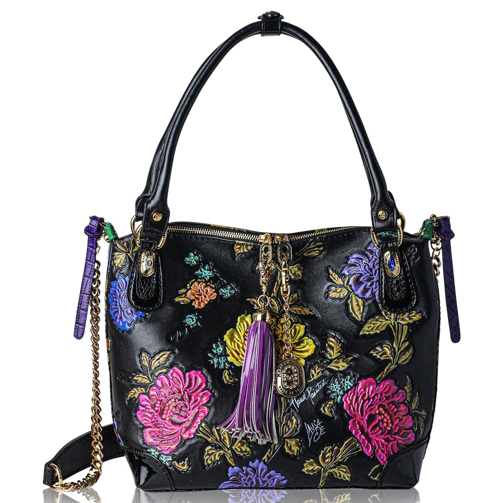 Hand-Painted Floral Leather Hobo Tote Bag