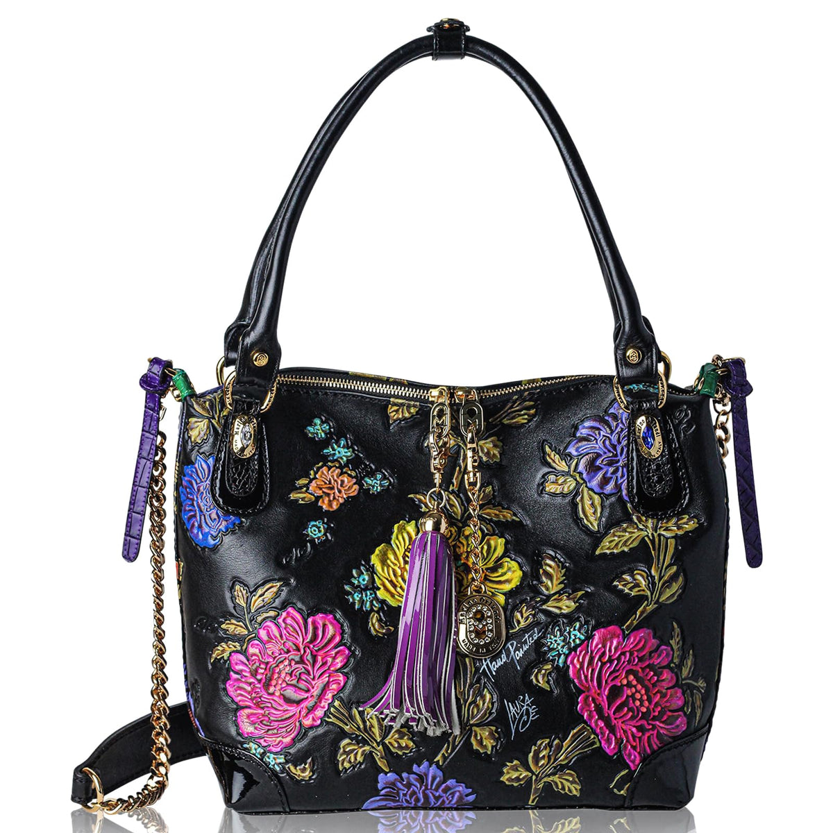 Hand-Painted Floral Leather Hobo Tote Bag