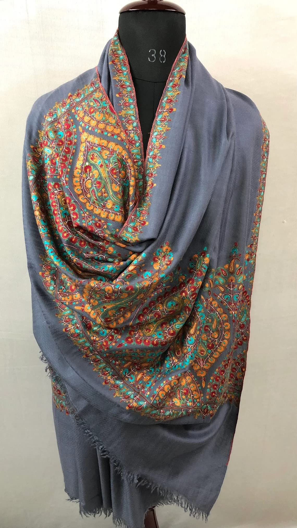 Blue Floral Embroidered Cashmere Pashmina Shawl