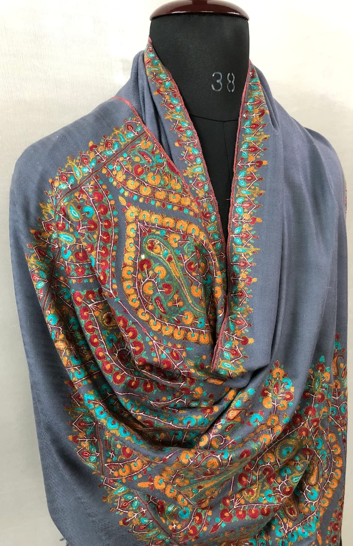 Blue Floral Embroidered Cashmere Pashmina Shawl