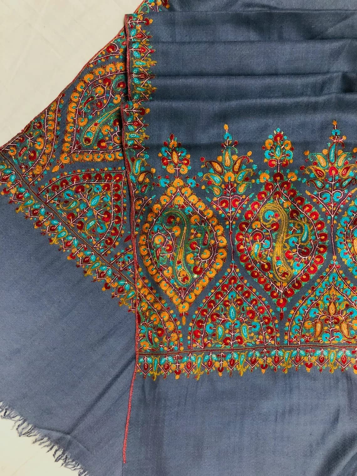 Blue Floral Embroidered Cashmere Pashmina Shawl