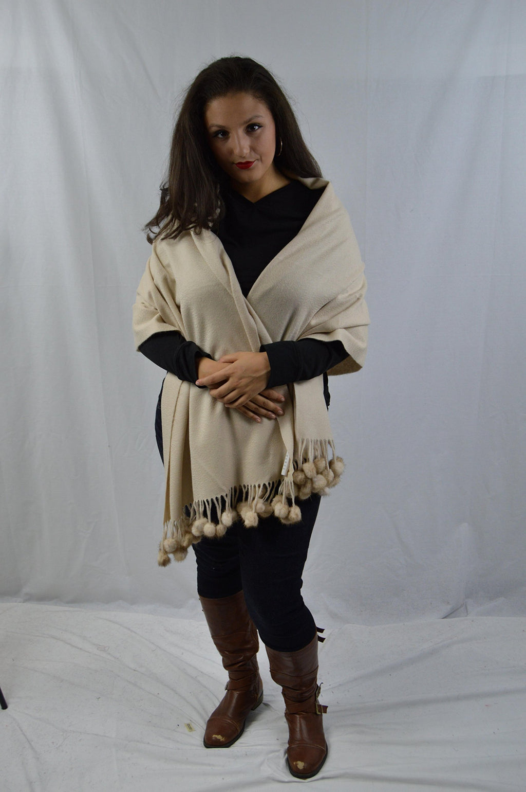 Ivory Cashmere Cape Shawl with Mink Trim