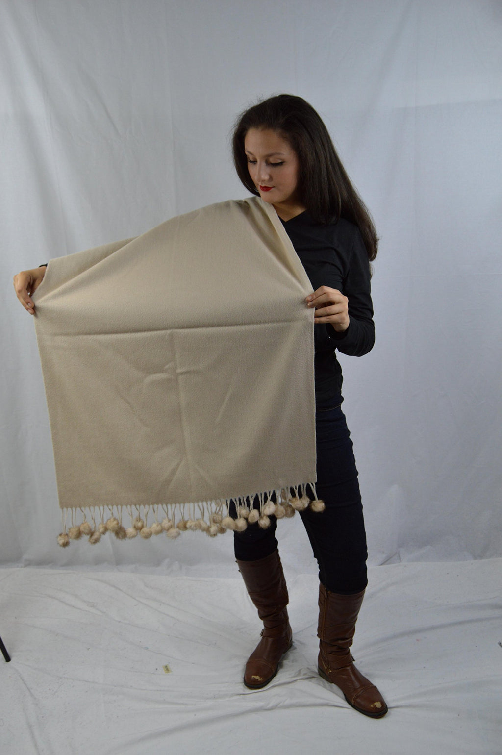 Ivory Cashmere Cape Shawl with Mink Trim