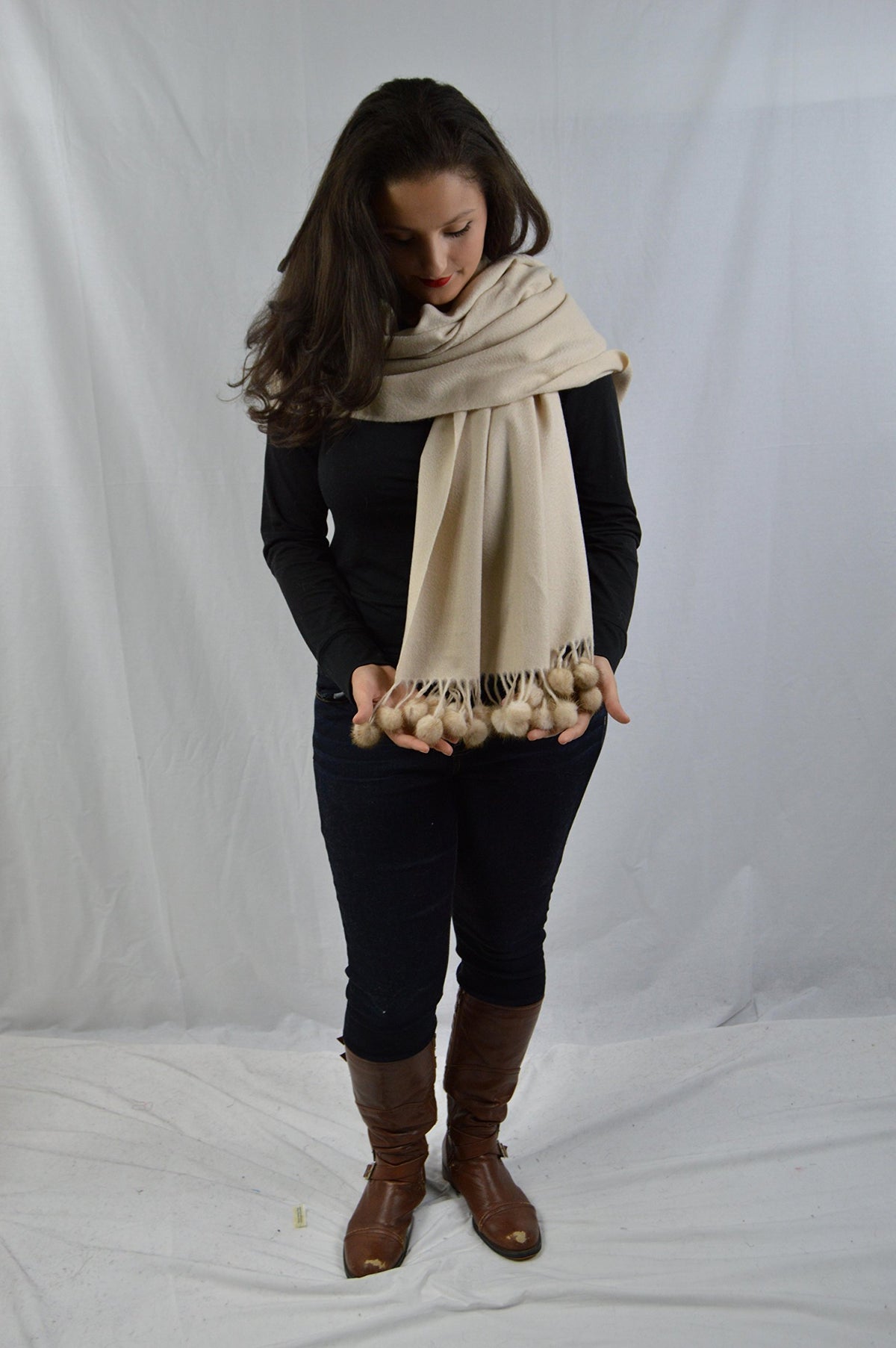 Ivory Cashmere Cape Shawl with Mink Trim