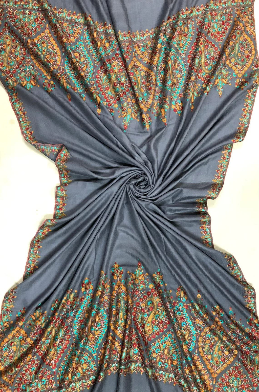 Blue Floral Embroidered Cashmere Pashmina Shawl
