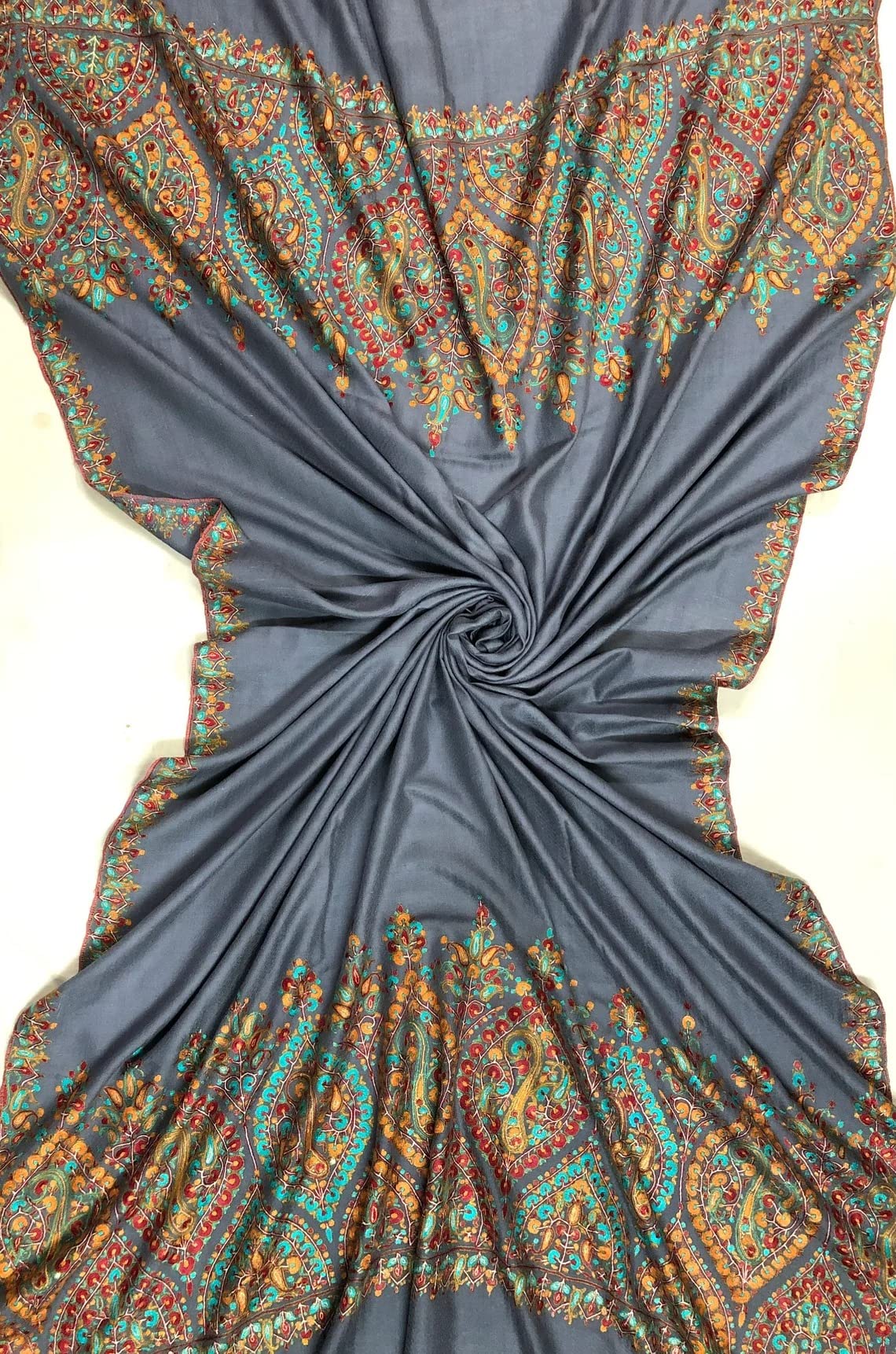 Blue Floral Embroidered Cashmere Pashmina Shawl