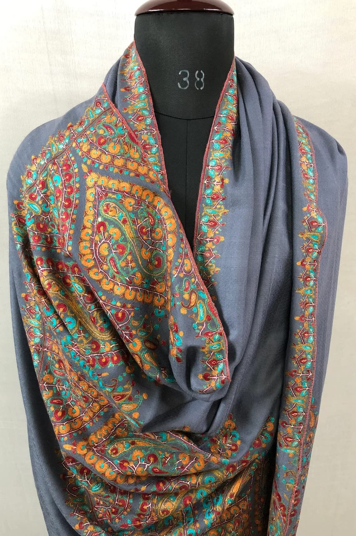 Blue Floral Embroidered Cashmere Pashmina Shawl