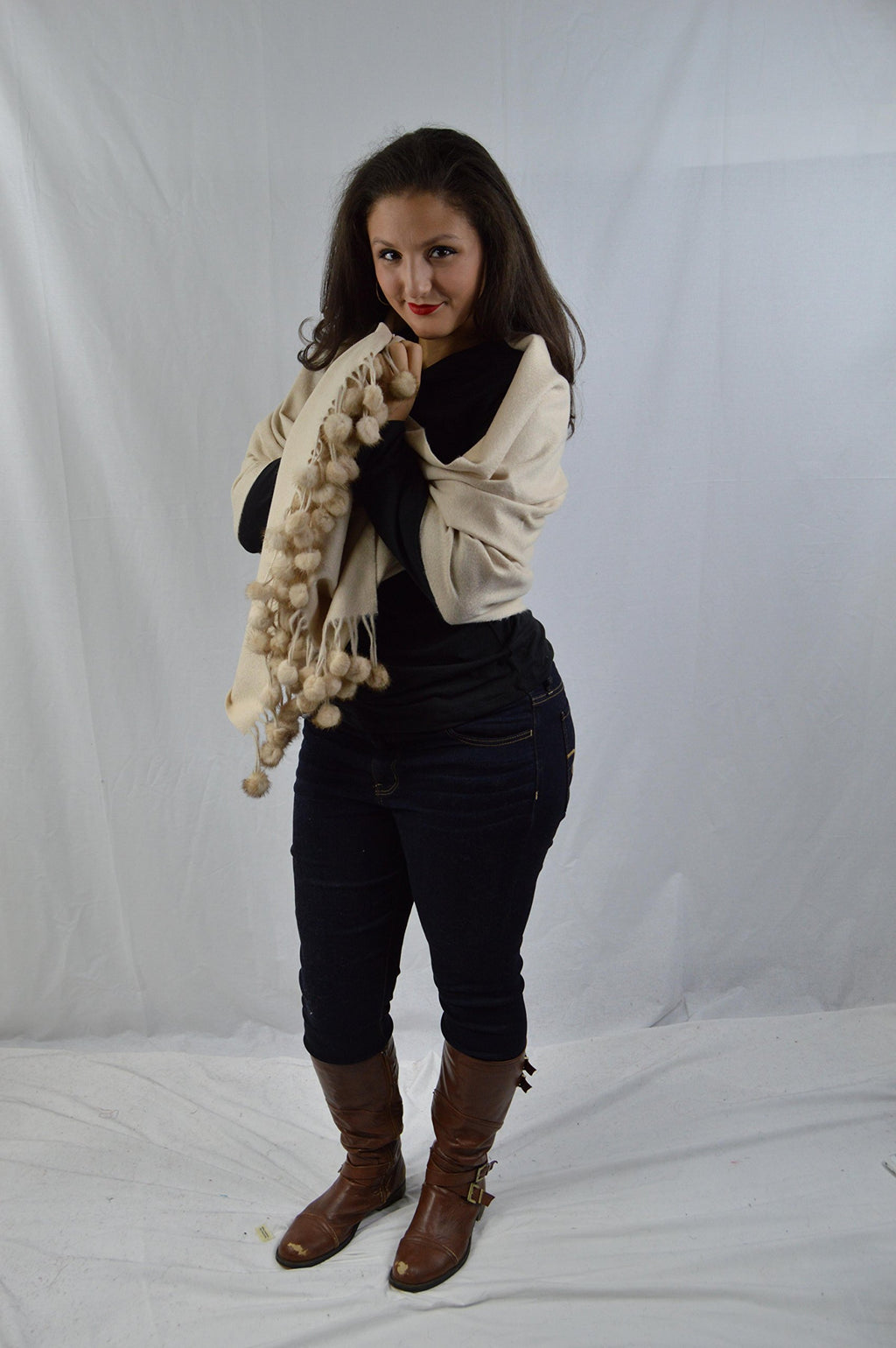 Ivory Cashmere Cape Shawl with Mink Trim