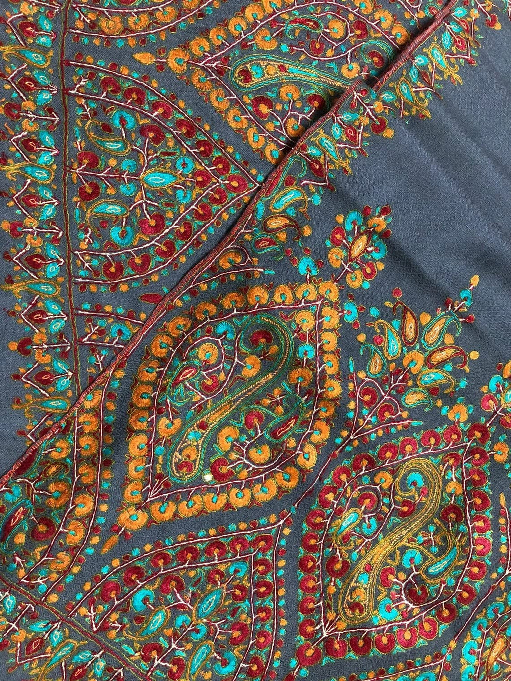 Blue Floral Embroidered Cashmere Pashmina Shawl